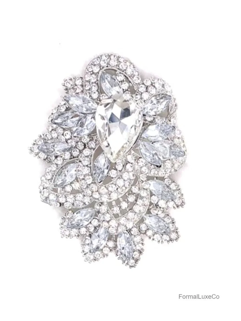 Large Vintage Crystal Flower Teardrop Brooch Gold Tone